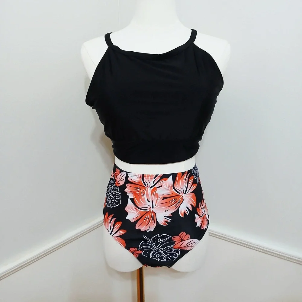 Women Black Tropical‎ Floral High Neck High Waisted Bikini Set Size L